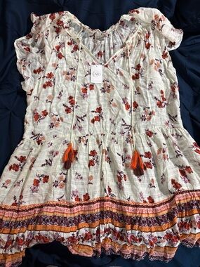 Cato White Floral Peasant Cover-up with Orange & Purple Accents